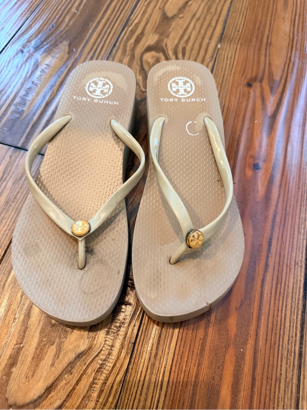 Tory Burch Taupe Flip Flop Sandals with Gold Logo Accents